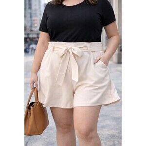 New Cream Tie Waist  Women's Dress Shorts Size 2XL Belted Dressy Stretch Belted